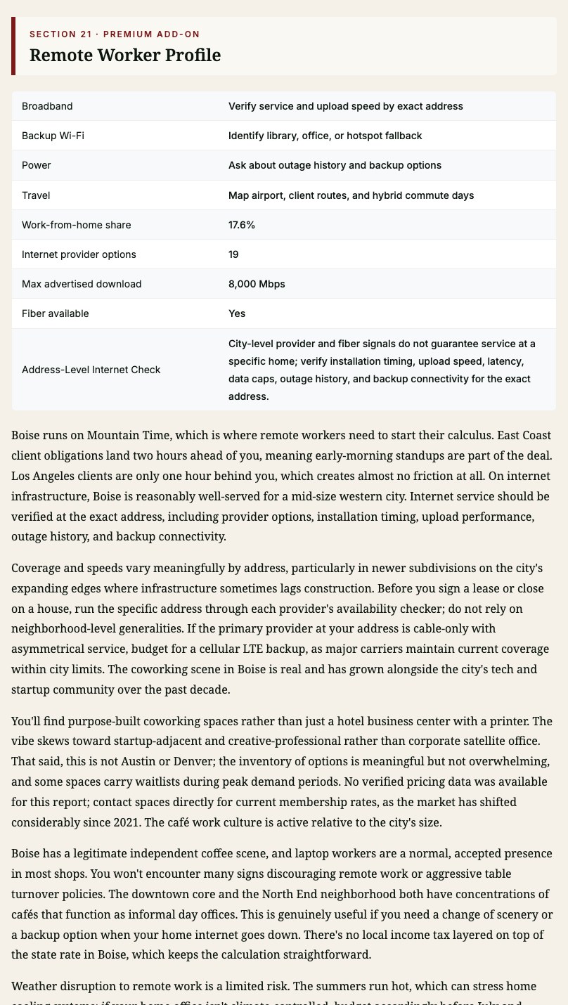 Boise, Idaho sample report page showing remote worker infrastructure and internet verification checks