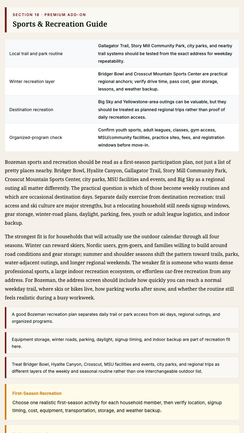 Bozeman, Montana sample report page showing sports and recreation planning