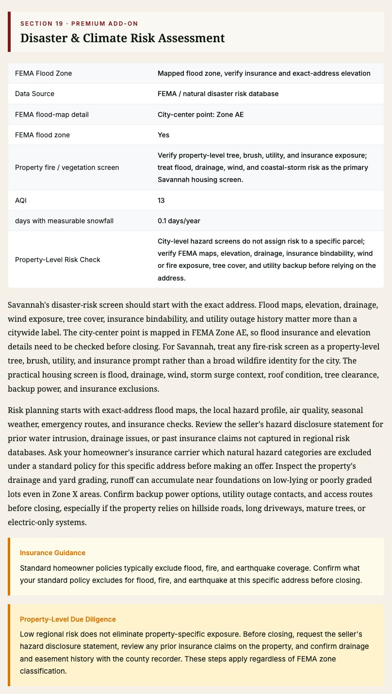 Savannah, Georgia sample report page showing disaster and climate risk guidance